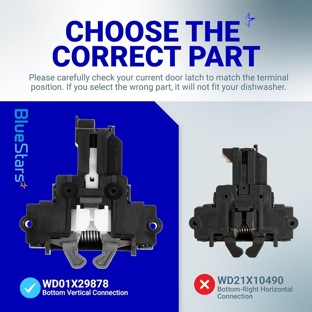 Comparison chart showing WD01X29878 dishwasher door latch with vertical connection versus WD21X10490 horizontal model.