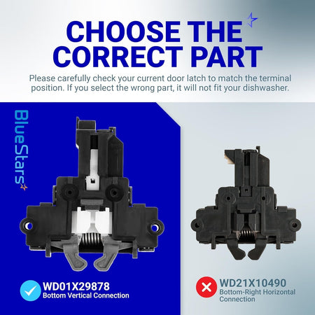 Comparison chart showing WD01X29878 dishwasher door latch with vertical connection versus WD21X10490 horizontal model.