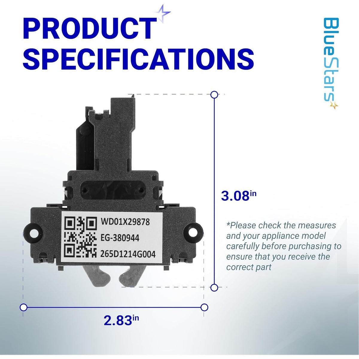 WD01X29878 dishwasher door latch showing product dimensions and specifications label.