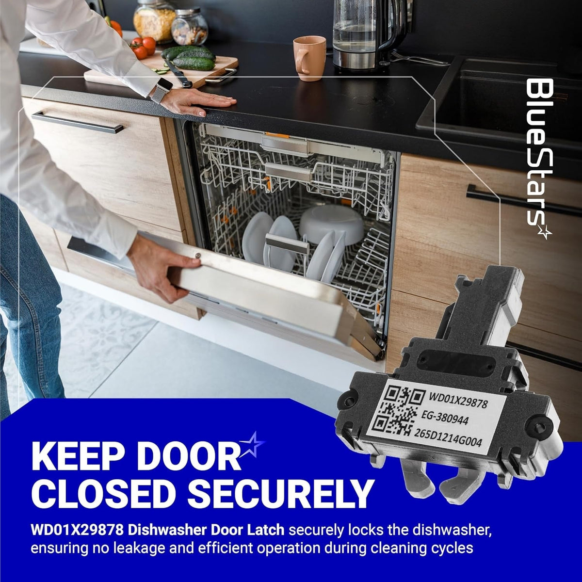 WD01X29878 dishwasher door latch replacement part shown with product label and kitchen installation context.