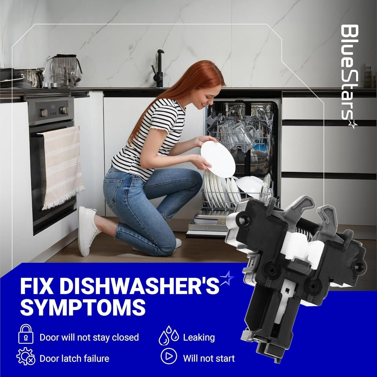 WD01X29878 dishwasher door latch replacement part shown with a woman loading a dishwasher in a kitchen setting.