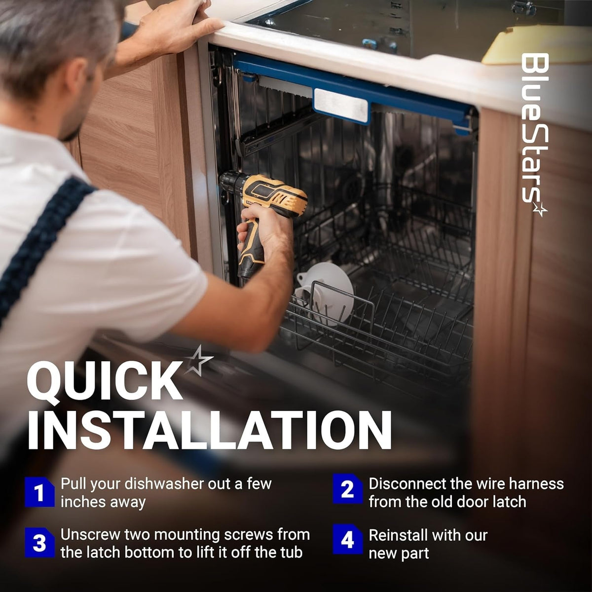 Installation guide for WD01X29878 dishwasher door latch showing a technician using a drill to replace the part.