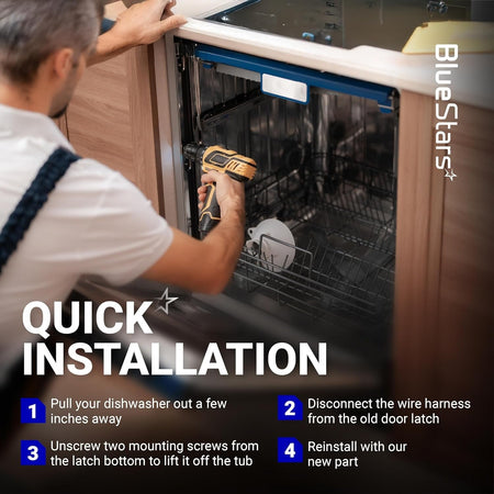 Installation guide for WD01X29878 dishwasher door latch showing a technician using a drill to replace the part.