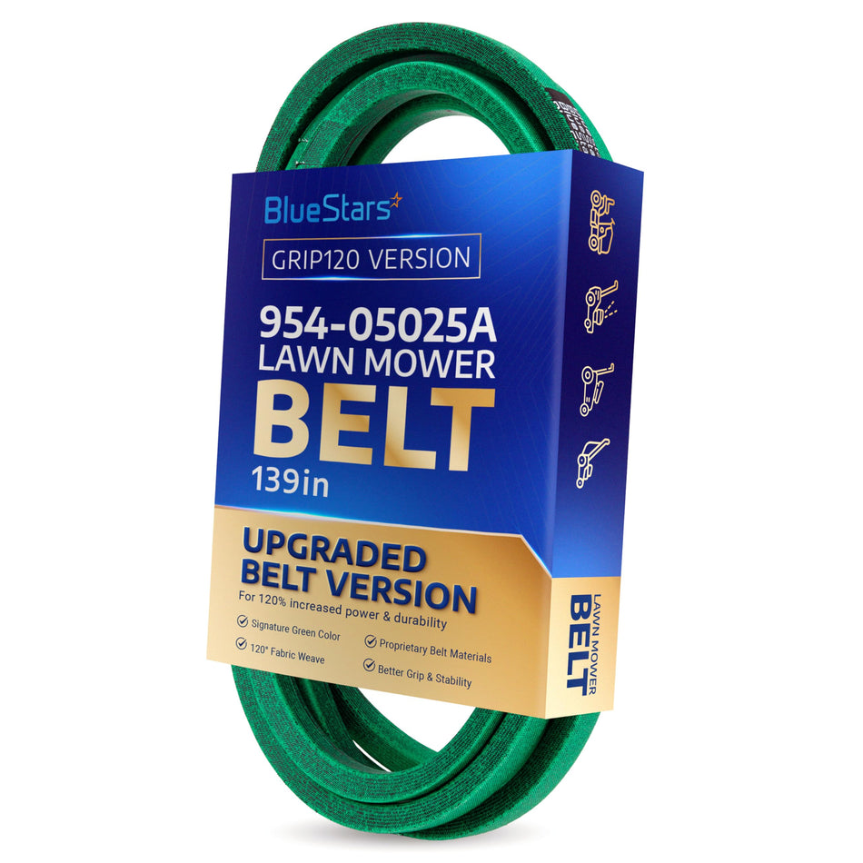 BlueStars 954-05025A green lawn mower deck belt in branded packaging for 54-inch mower decks.