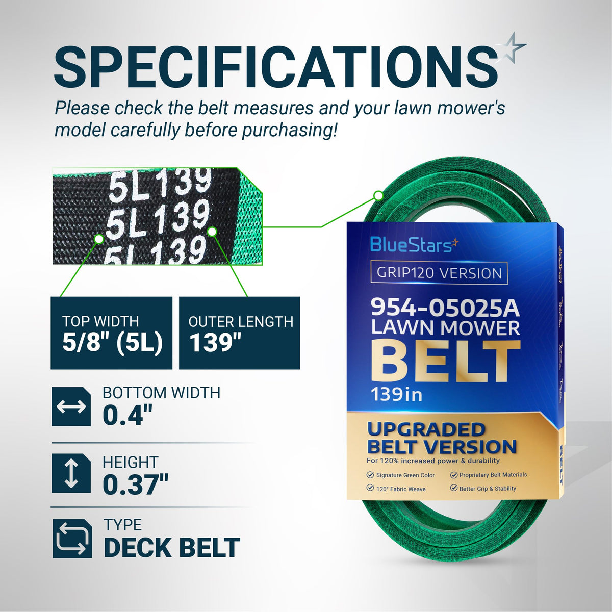 BlueStars 954-05025A lawn mower deck belt specifications chart showing 5/8 inch width and 139 inch outer length.