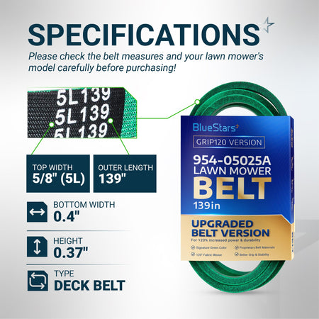 BlueStars 954-05025A lawn mower deck belt specifications chart showing 5/8 inch width and 139 inch outer length.