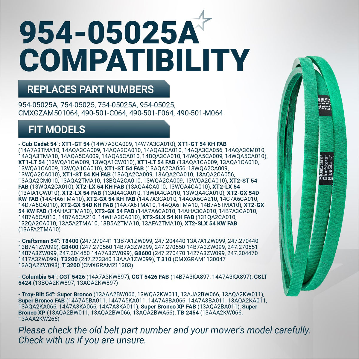 Green replacement mower deck belt 954-05025A for Cub Cadet, Craftsman, and Troy-Bilt 54-inch mowers.