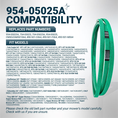 Green replacement mower deck belt 954-05025A for Cub Cadet, Craftsman, and Troy-Bilt 54-inch mowers.