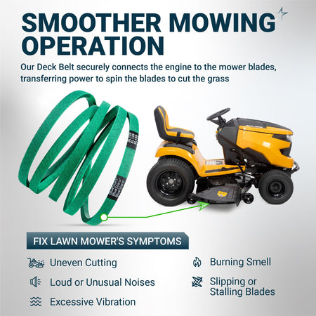 Green lawn mower deck belt shown with a riding mower to illustrate power transfer and common repair symptoms.