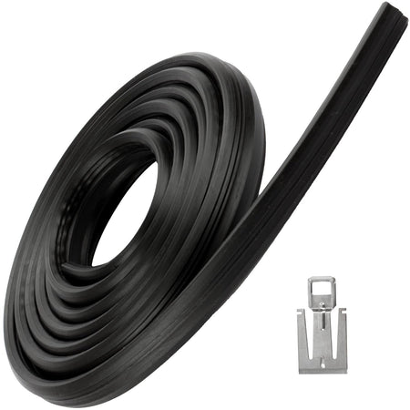 Coiled black dishwasher door gasket and metal strike plate kit for Whirlpool, Kenmore, and Maytag dishwashers.