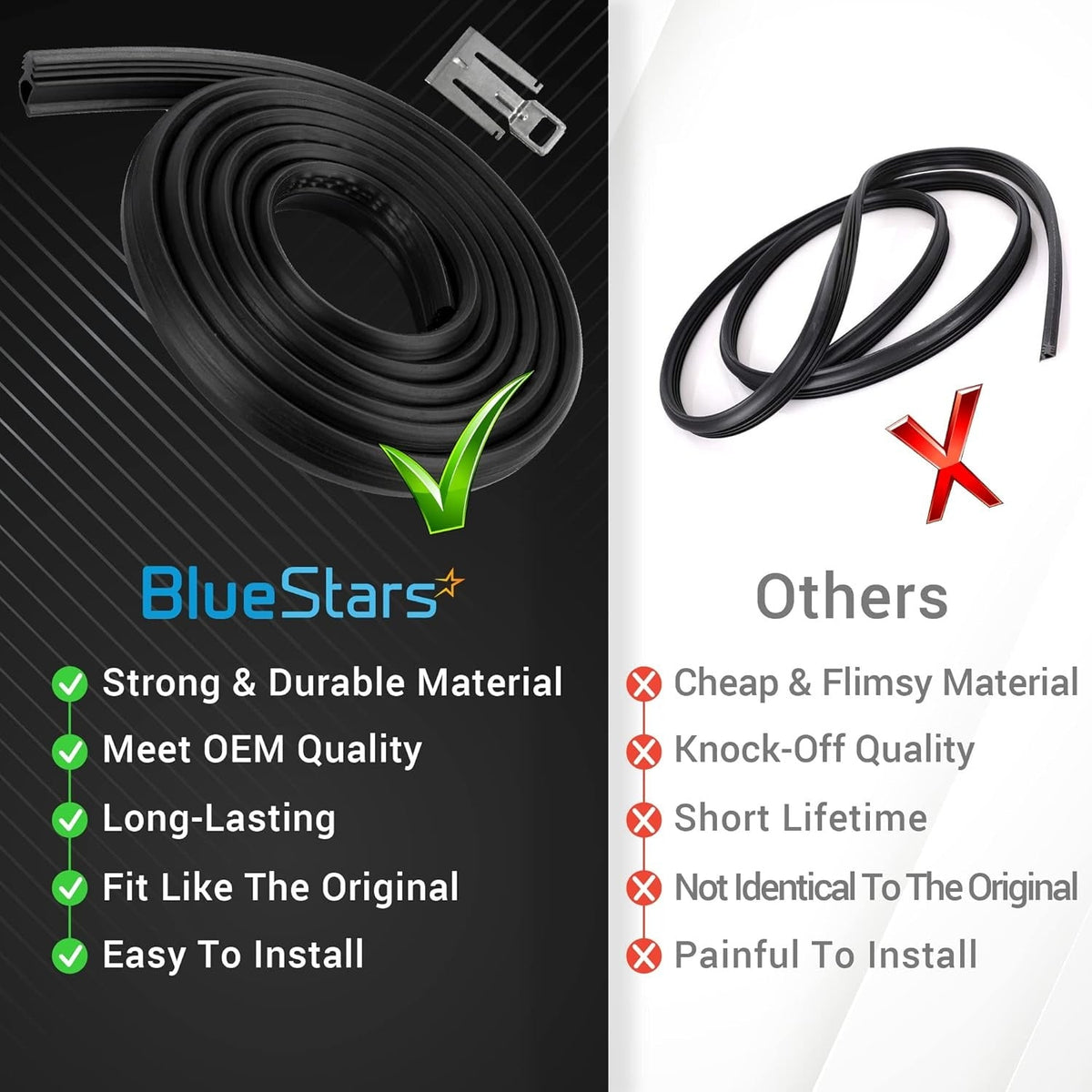 Comparison chart showing W10542314 dishwasher door gasket quality versus generic alternatives.