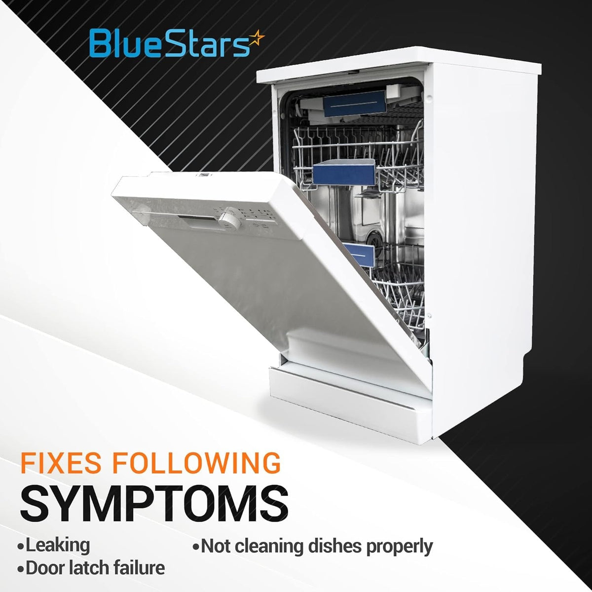 White dishwasher showing symptoms fixed by W10542314 door gasket and strike kit, including leaking and latch failure.