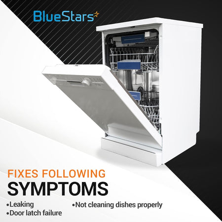 White dishwasher showing symptoms fixed by W10542314 door gasket and strike kit, including leaking and latch failure.