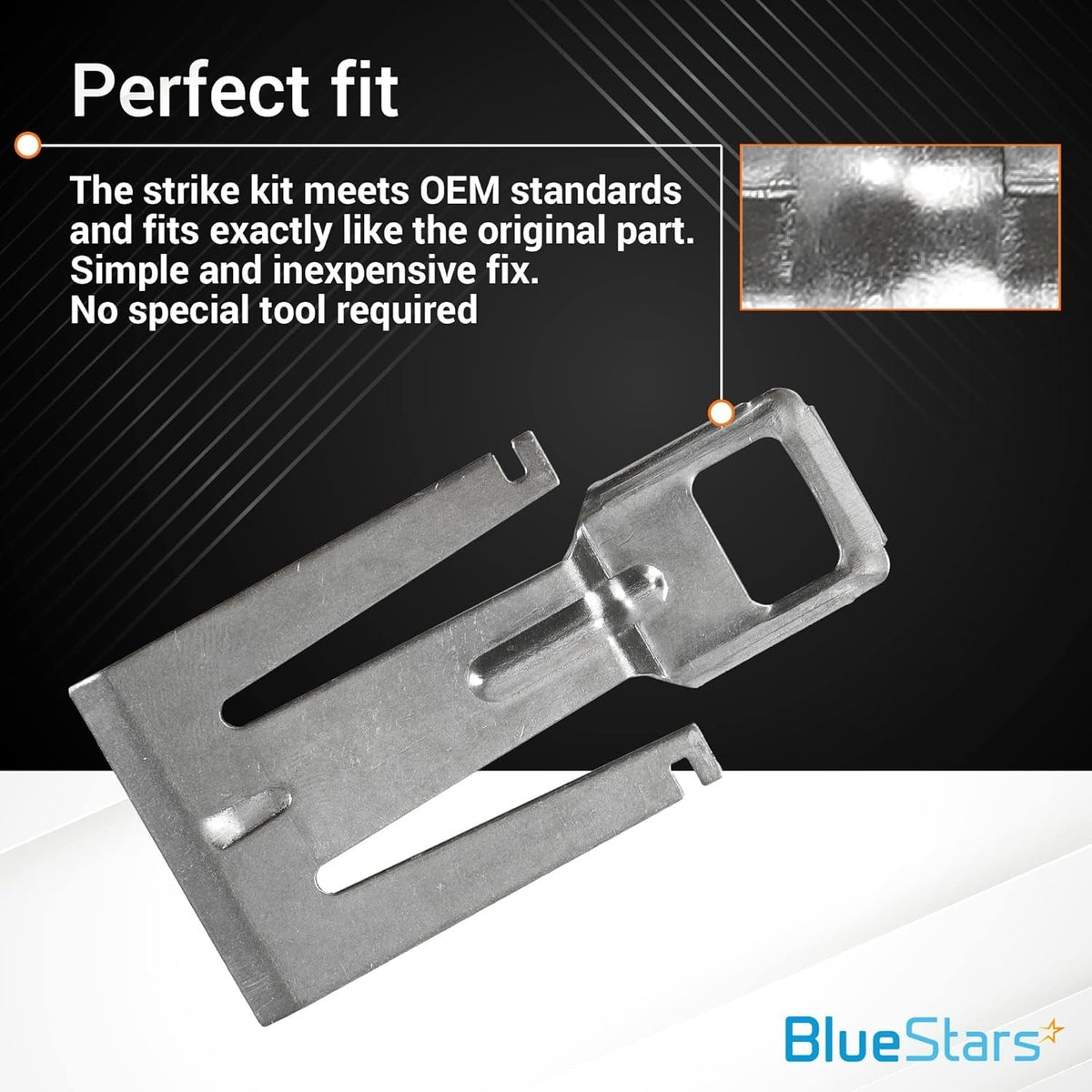 Metal dishwasher door strike plate for W10542314 kit showing perfect fit installation detail.