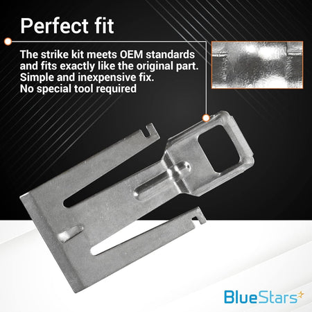 Metal dishwasher door strike plate for W10542314 kit showing perfect fit installation detail.