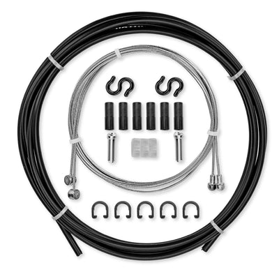 Universal bike brake cable replacement kit with black housing, steel cables, ferrules, and S-hooks.