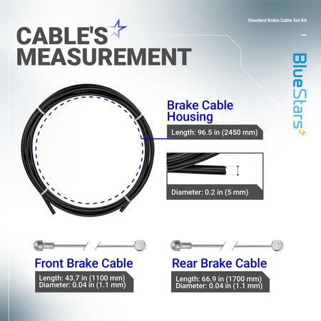 Infographic showing dimensions for universal bike brake cable housing, front brake cable, and rear brake cable.