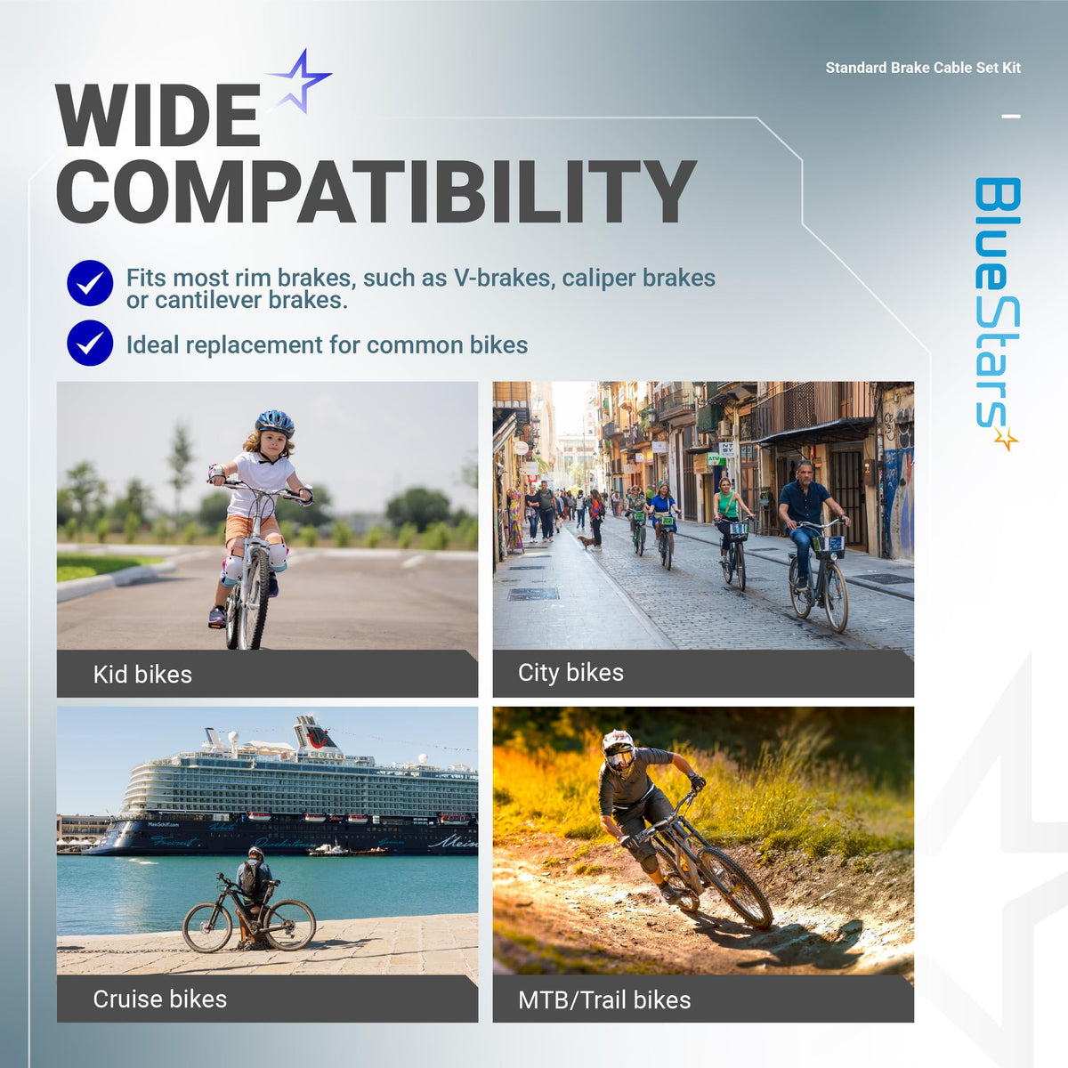 Infographic showing universal compatibility of bike brake cable set for kid, city, cruise, and mountain bikes.