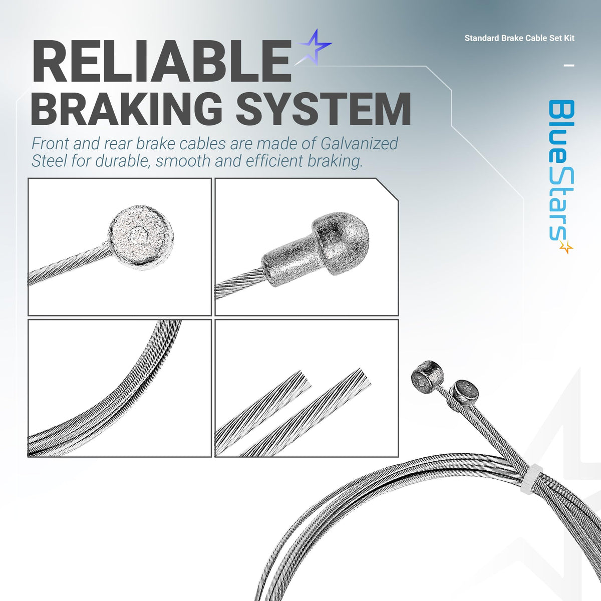 Close-up detail of galvanized steel bike brake cables and cable ends for universal bicycle brake replacement.