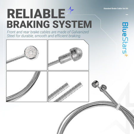 Close-up detail of galvanized steel bike brake cables and cable ends for universal bicycle brake replacement.