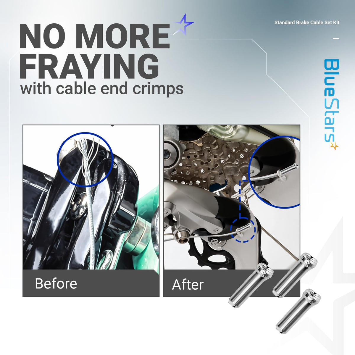 Comparison showing bike brake cable fraying before and after using metal cable end crimps from the replacement kit.