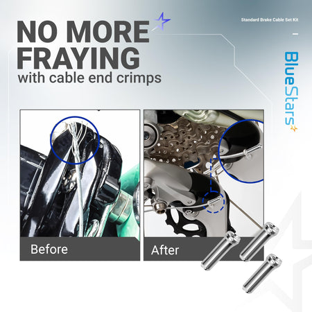Comparison showing bike brake cable fraying before and after using metal cable end crimps from the replacement kit.