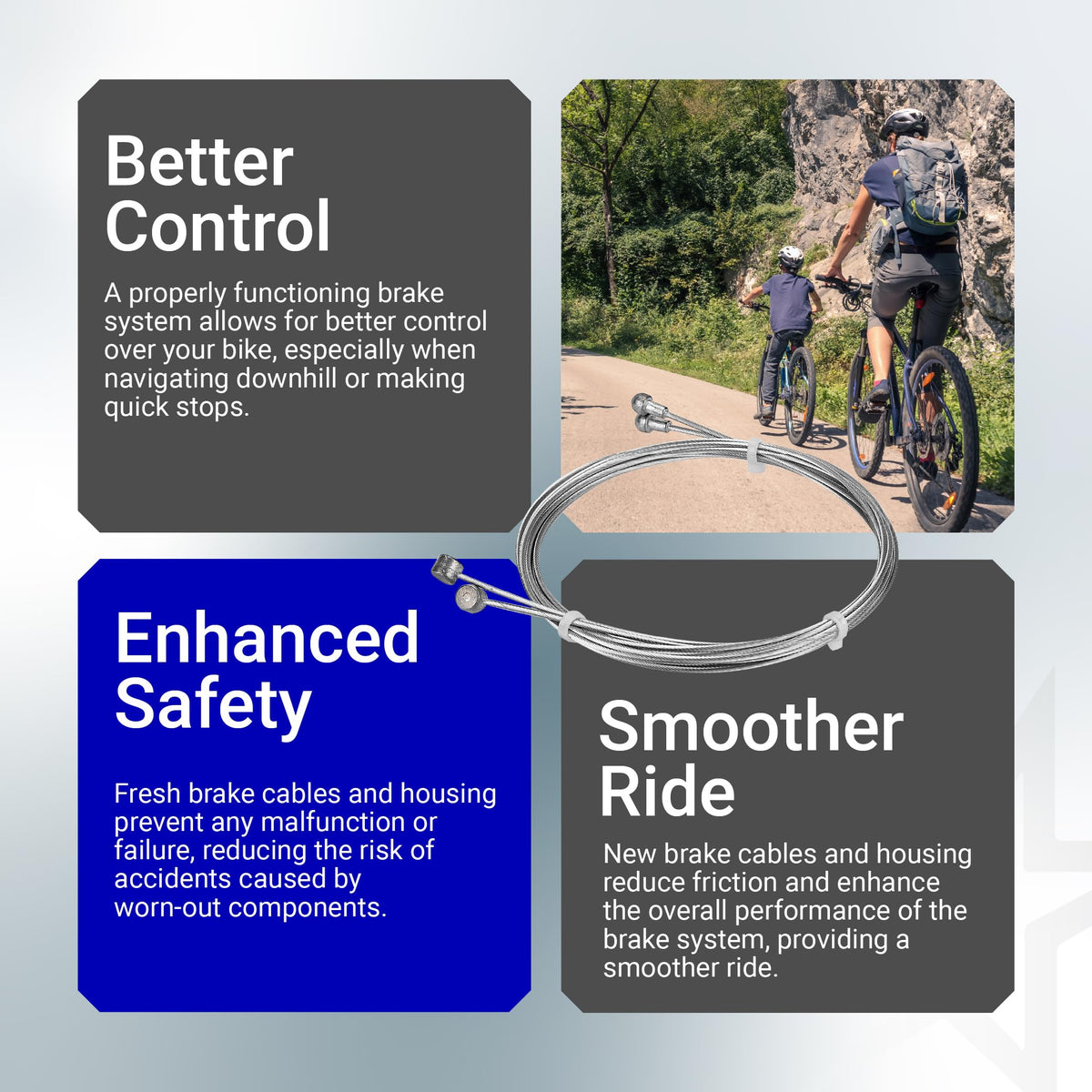 Coiled universal bike brake cables with text overlays highlighting safety, control, and performance benefits.