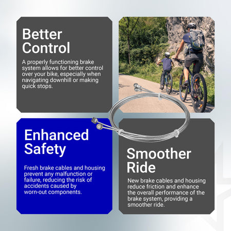 Coiled universal bike brake cables with text overlays highlighting safety, control, and performance benefits.