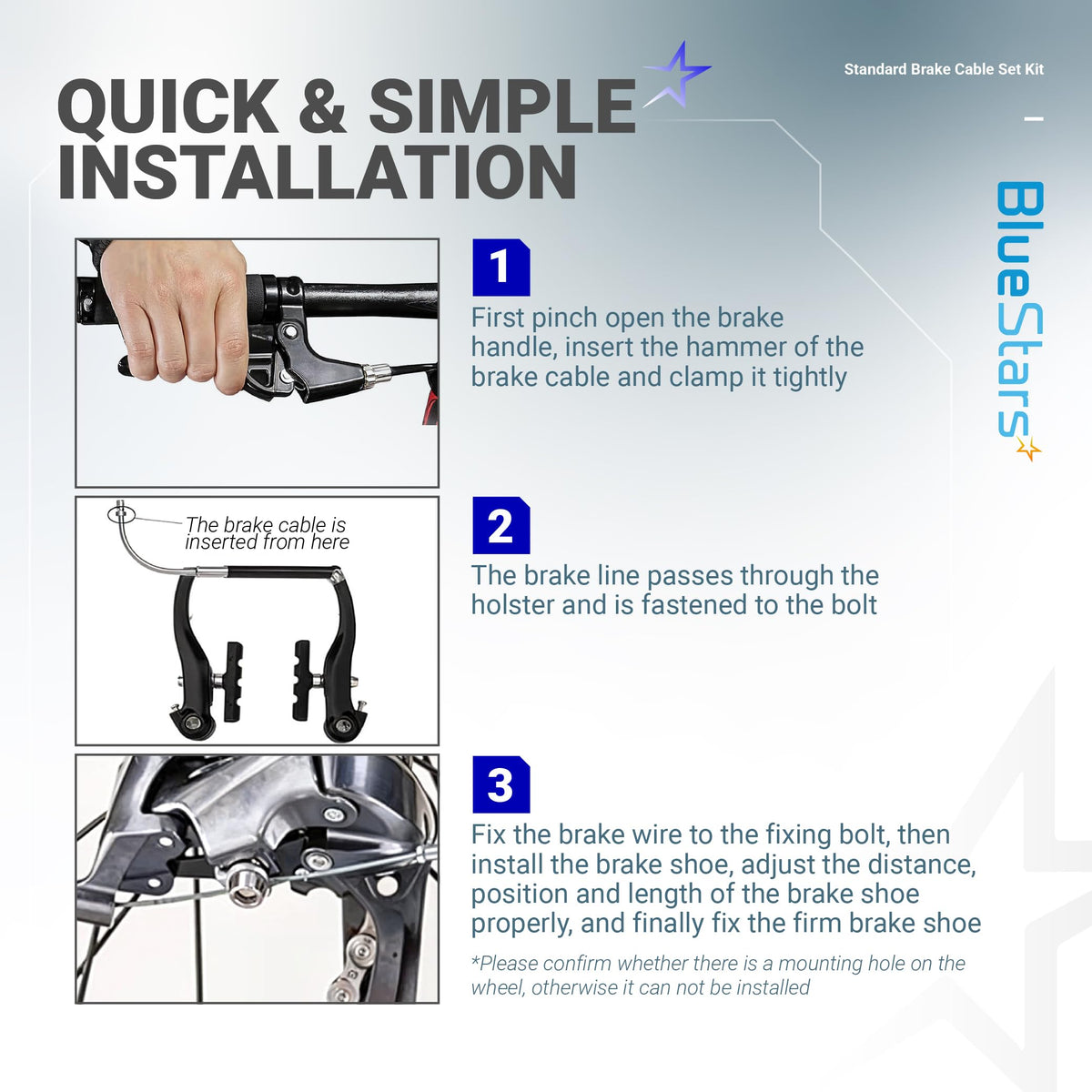 Instructional infographic showing three steps for installing a universal bike brake cable set on a bicycle.