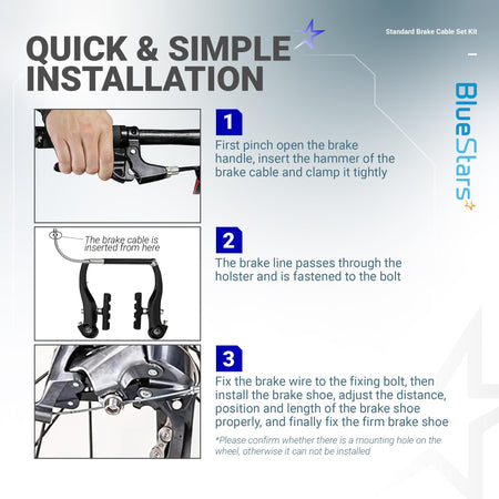 Instructional infographic showing three steps for installing a universal bike brake cable set on a bicycle.