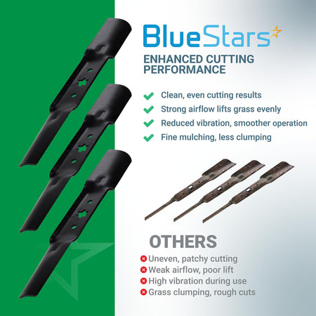 Comparison graphic showing BlueStars 942-05052A mower blades for 50-inch deck mowers versus standard blades.
