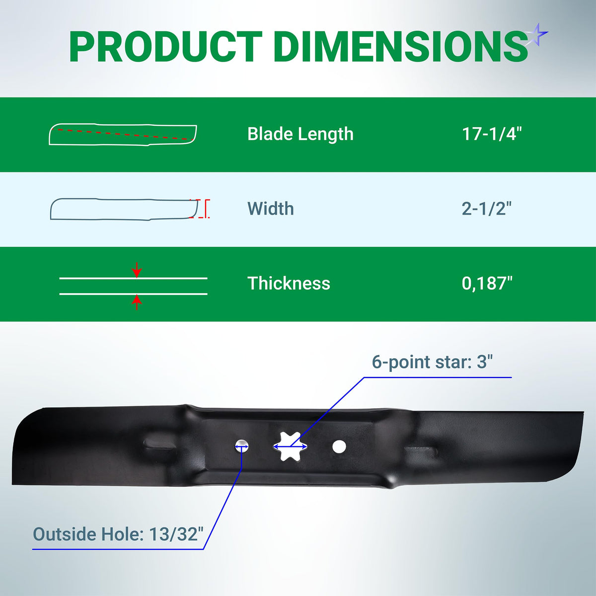 Dimension diagram for 942-05052A mower blade showing length, width, thickness, and 6-point star center hole.