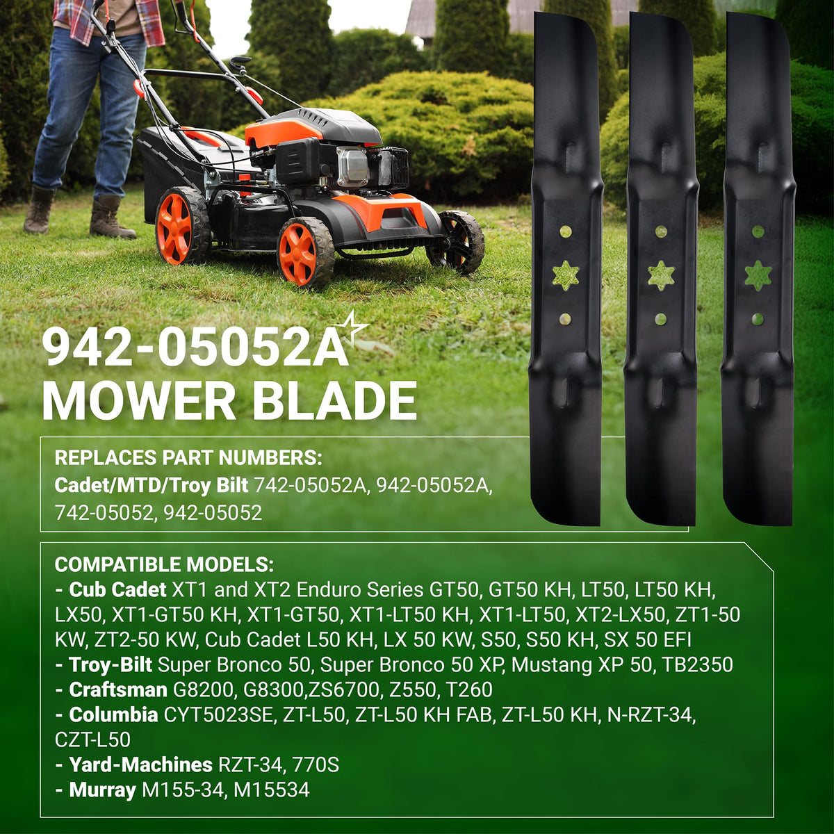 Set of three 942-05052A mower blades for 50-inch deck lawn mowers with star center hole.
