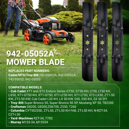 Set of three 942-05052A mower blades for 50-inch deck lawn mowers with star center hole.