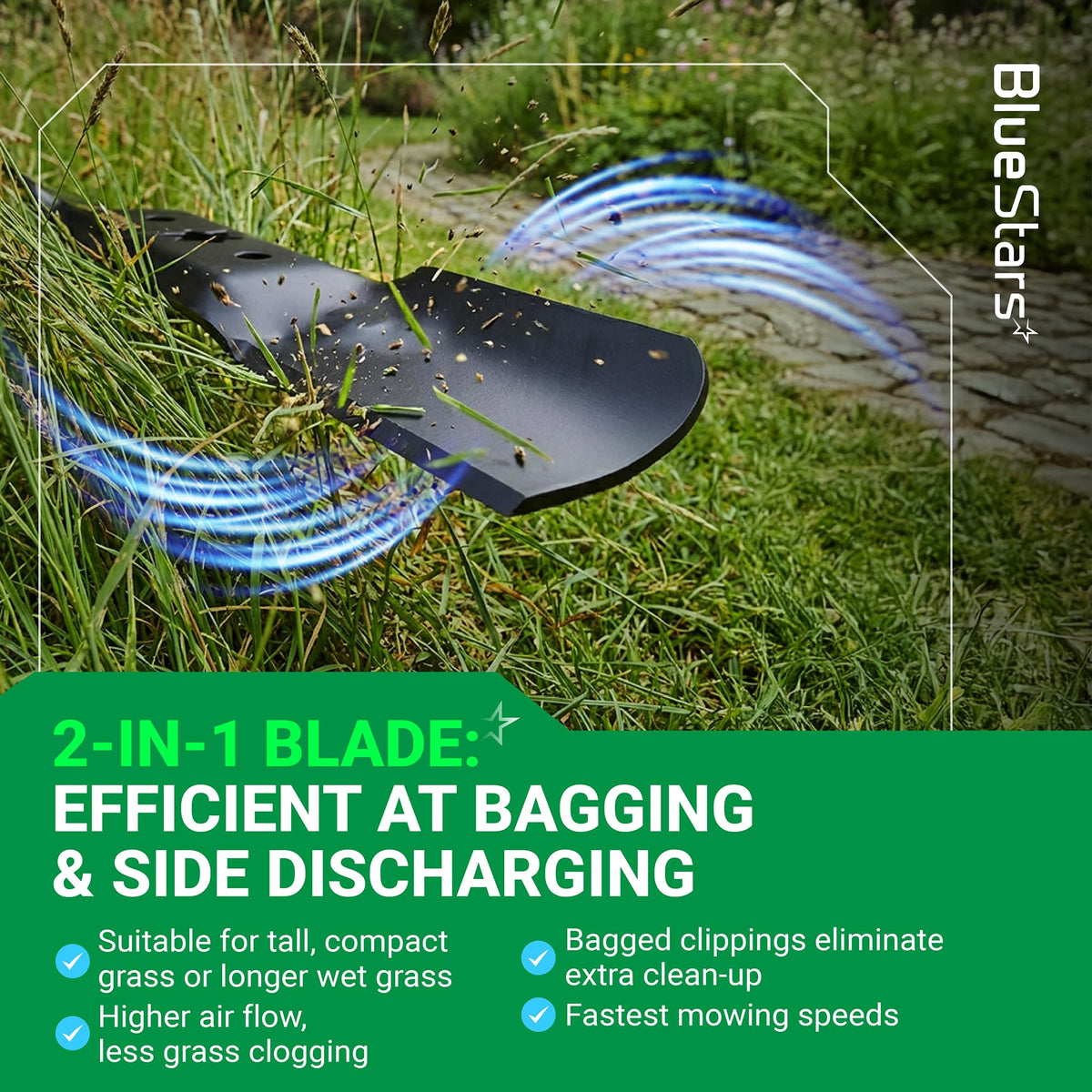 942-05052A mower blade cutting grass, demonstrating 2-in-1 bagging and side discharge efficiency.