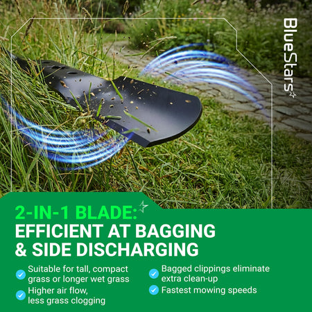 942-05052A mower blade cutting grass, demonstrating 2-in-1 bagging and side discharge efficiency.