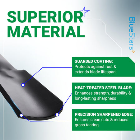 Close-up of 942-05052A mower blade showing heat-treated steel, protective coating, and precision sharpened edge.