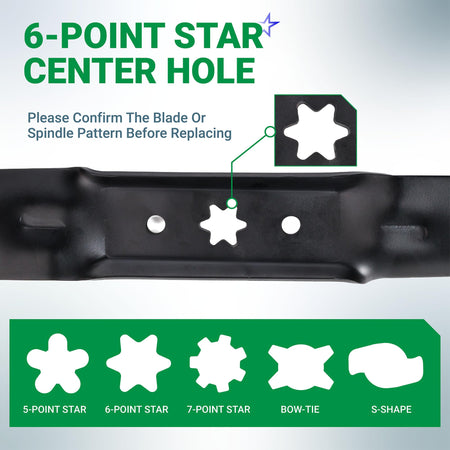 Close-up of 942-05052A mower blade showing the 6-point star center hole mounting pattern for 50-inch deck mowers.