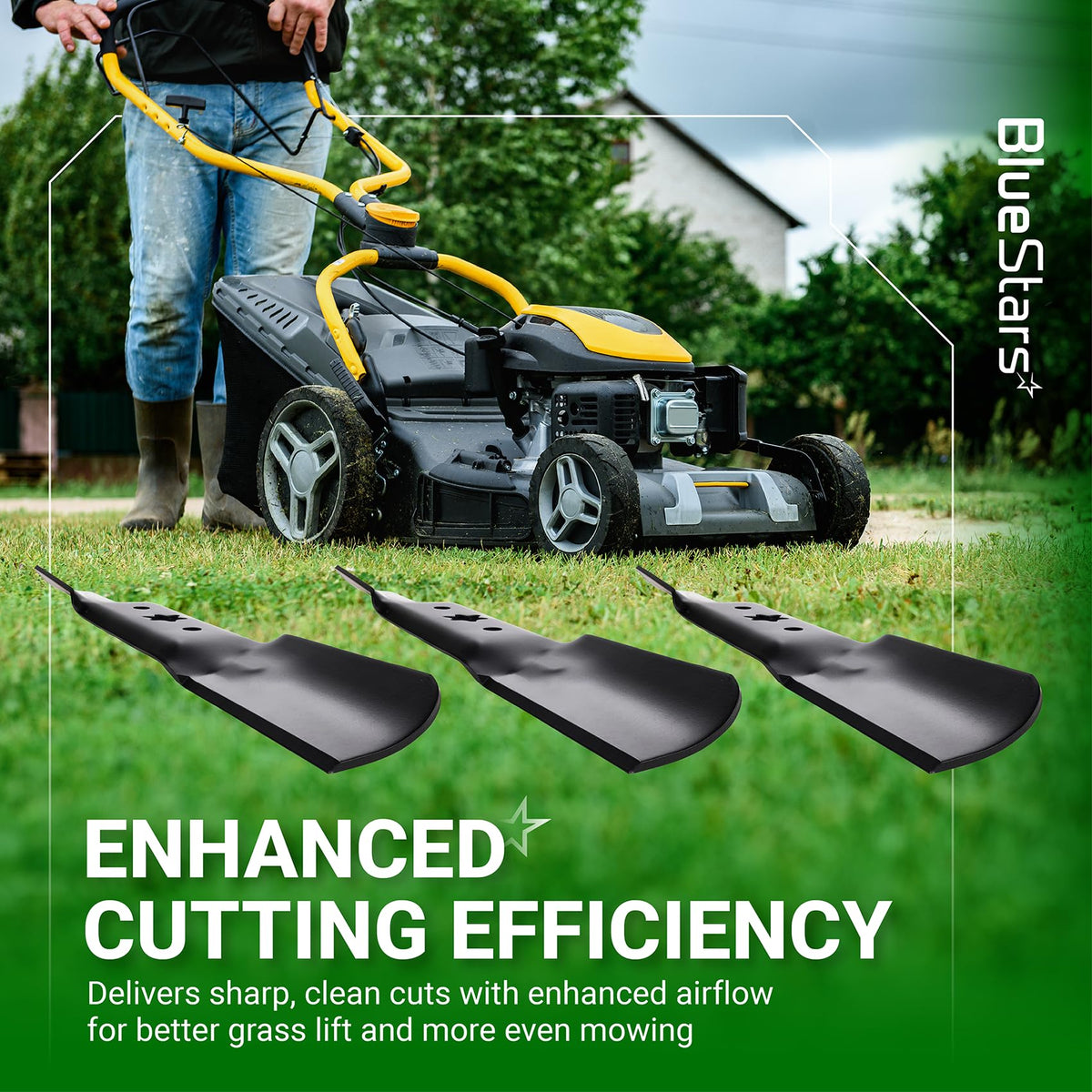 Set of three 942-05052A mower blades for 50-inch deck lawn mowers shown with a lawn mower in a grassy field.