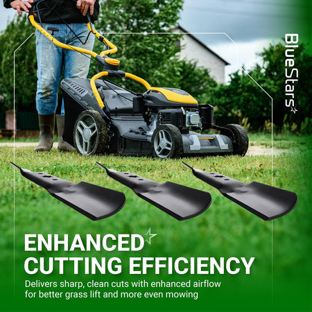 Set of three 942-05052A mower blades for 50-inch deck lawn mowers shown with a lawn mower in a grassy field.