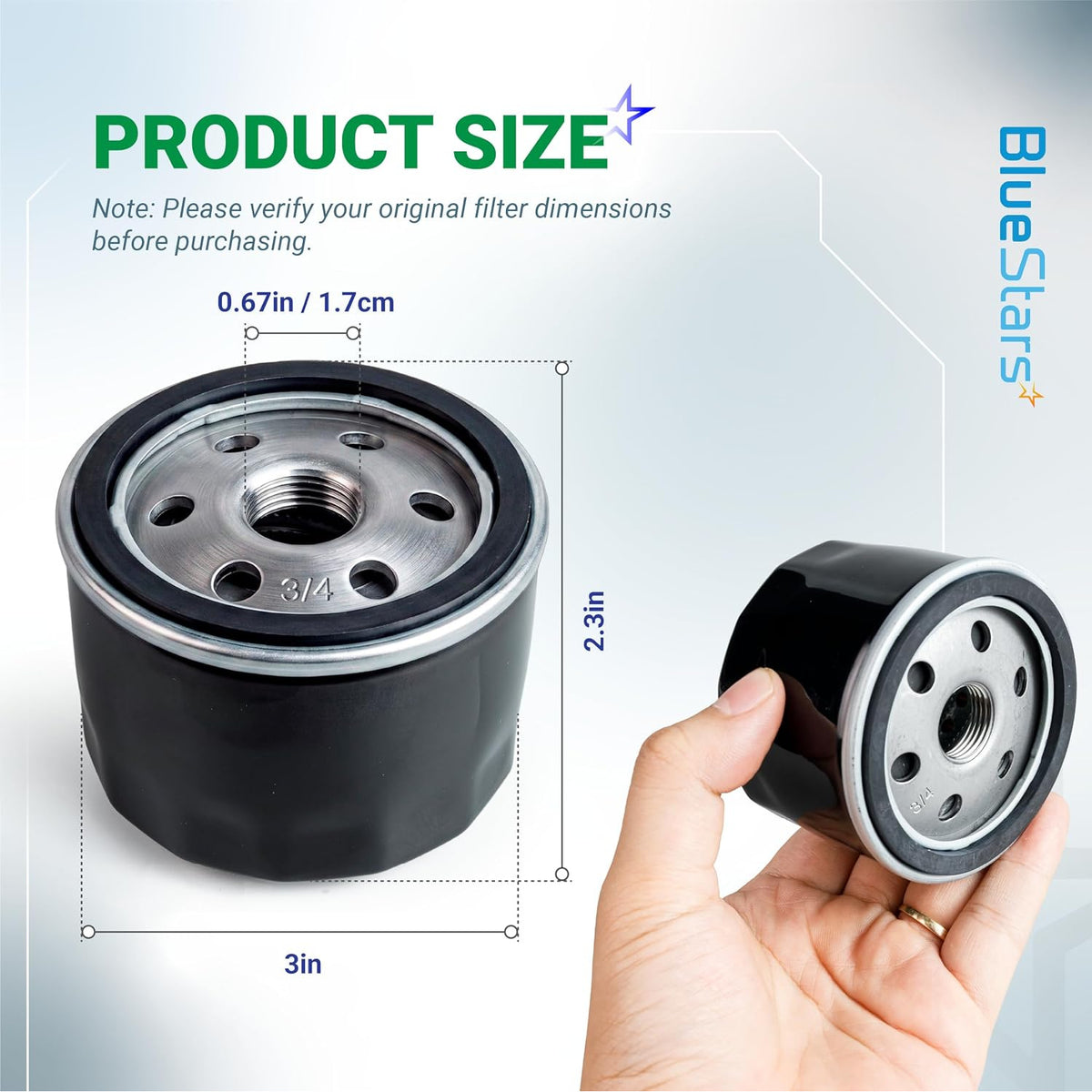 492932S 2-1/4-inch Oil Filter, dimensions diagram and hand-held product view