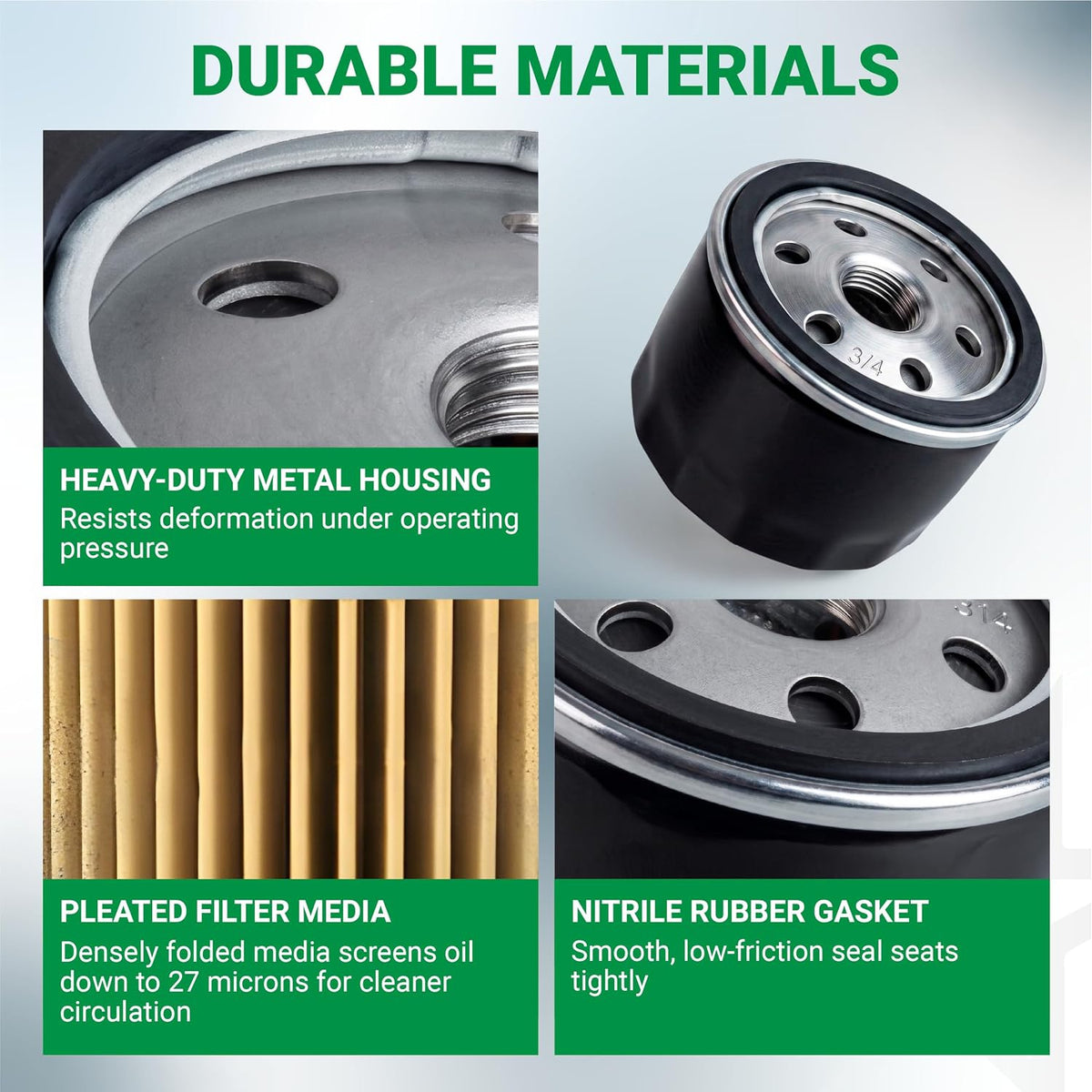 492932S oil filter showing durable metal housing, pleated filter media, and nitrile rubber gasket close-ups