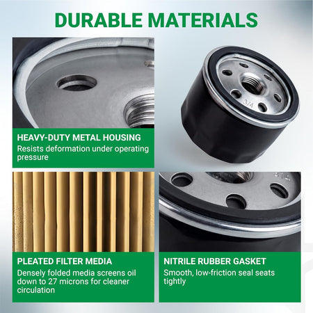 492932S oil filter showing durable metal housing, pleated filter media, and nitrile rubber gasket close-ups