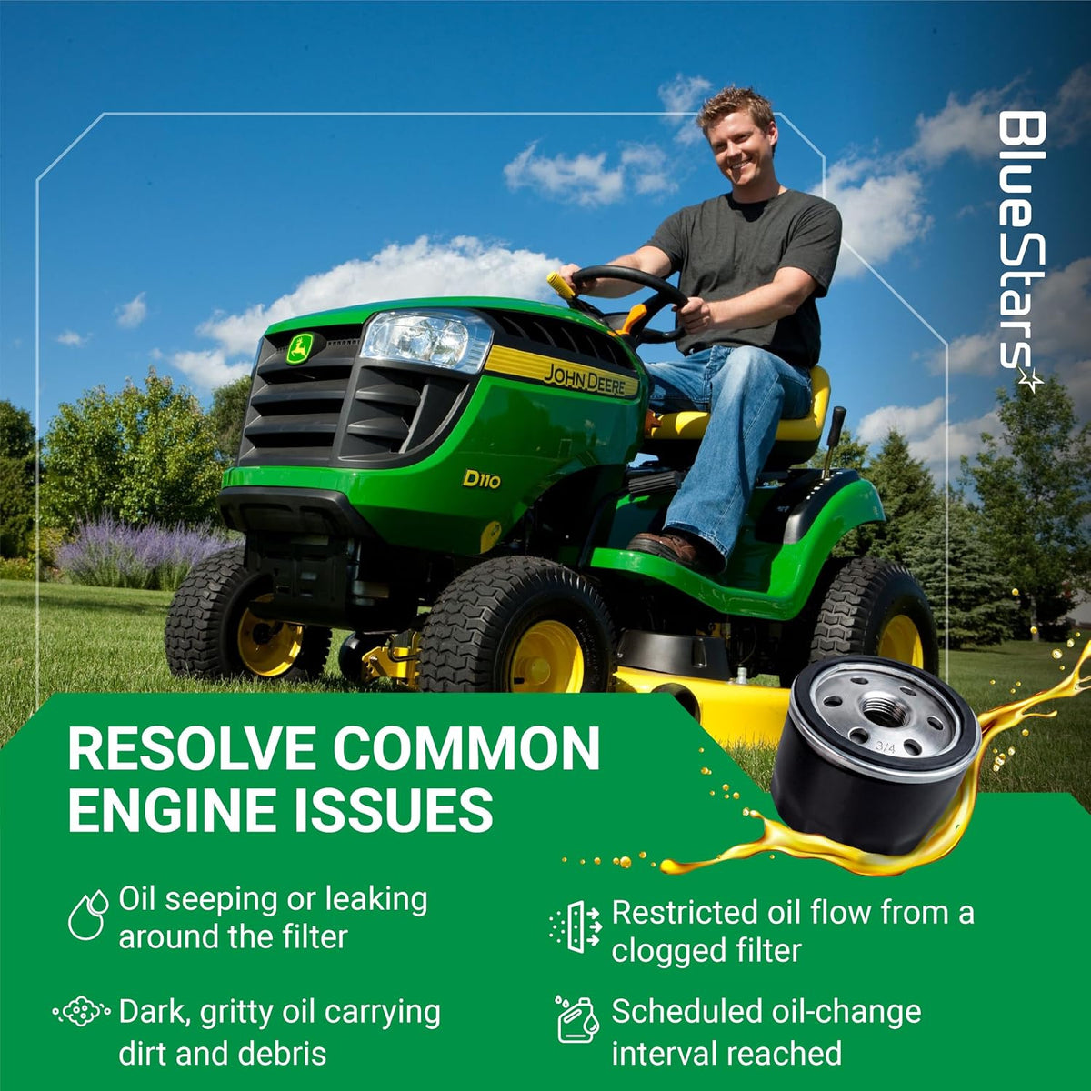 492932S 2-1/4-inch Oil Filter shown with a riding lawn mower and common engine issue text