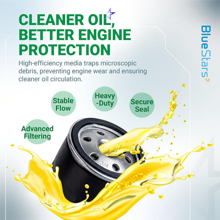 492932S 2-1/4" Oil Filter, product graphic showing filter with oil splash and labeled filtration benefits
