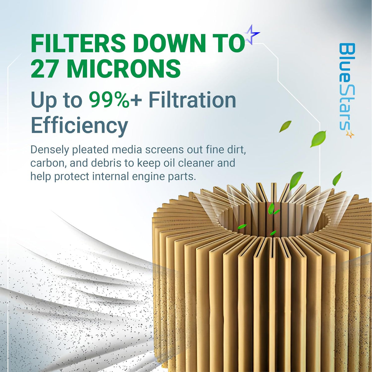 492932S 2-1/4" Oil Filter, filtration graphic showing pleated media and filtering down to 27 microns