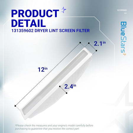 131359602 dryer lint screen filter showing dimensions of 12 inches by 2.1 inches by 2.4 inches.
