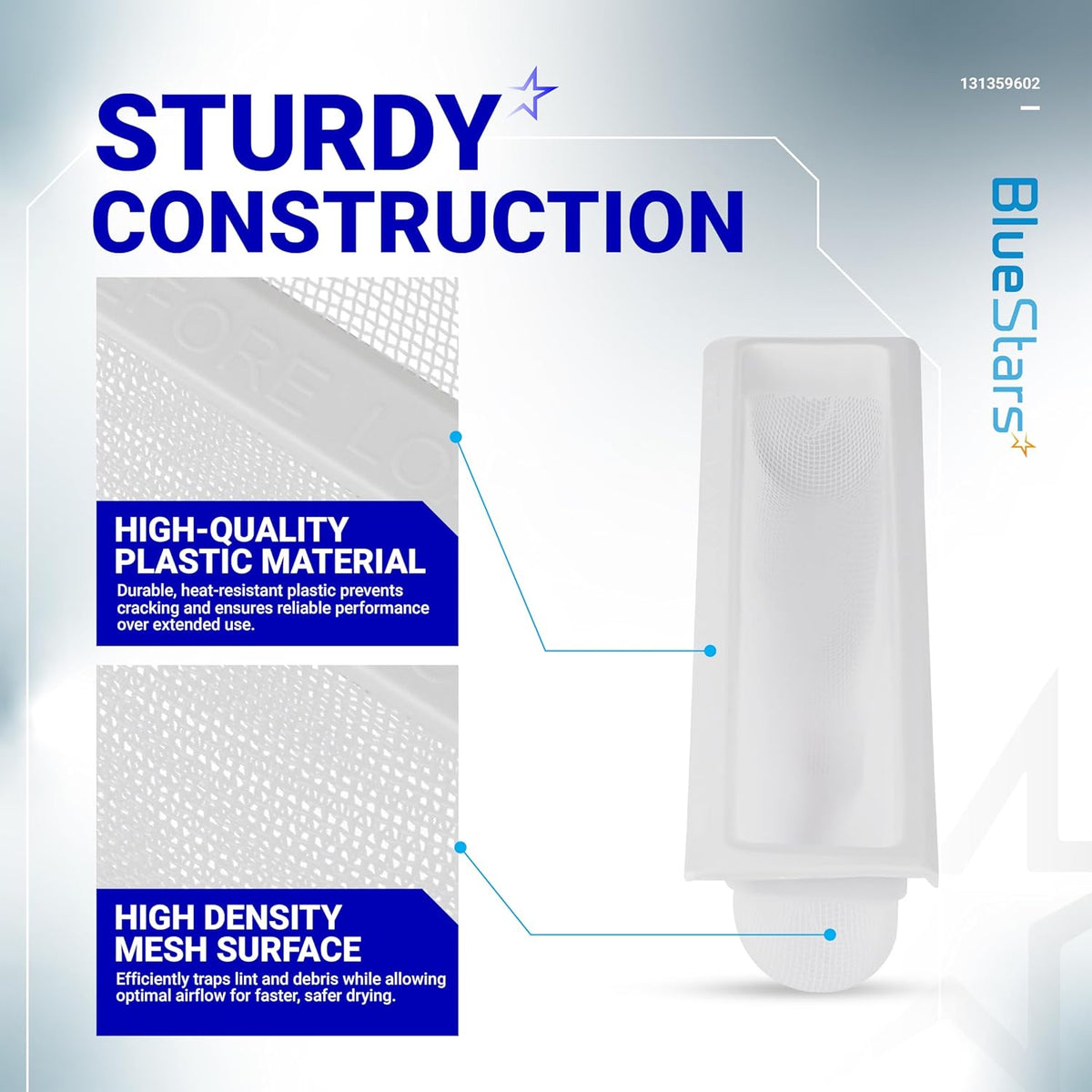 Infographic showing 131359600 dryer lint filter screen with high-density mesh and durable plastic construction.