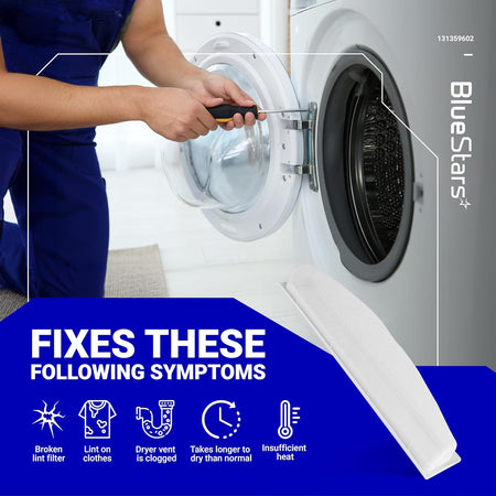 Dryer lint filter screen replacement 131359600 shown with repair symptoms infographic for Frigidaire and Electrolux dryers.