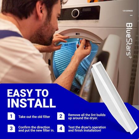 Replacement dryer lint filter screen with installation instructions for Frigidaire, Crosley, and Electrolux dryers.